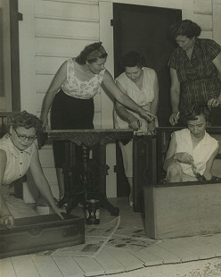 Refinishing furniture, Hazel Wayman, Ms. Smith, Edith Merryman, Louella Nease, and Ms. Hinaley of the Daniel HDC, 1959; Garland County Extension Homemaker's Club Records MC1117 © Pryor Center for Arkansas Oral and Visual History, University of Arkansas