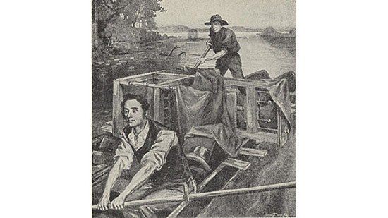 Sketch of William Woodruff sailing up the Mississippi River with his printing presses in 1819. ©  