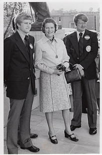 David Gearhart (right) with Chip Robertson and Lady Mary Soames, daughter of Winson Churchill, standing next to a statue of Winston Churchill; Westminster College, New Wilmington, Pennsylvania, 1974 © Pryor Center for Arkansas Oral and Visual History, University of Arkansas