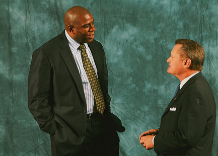 David Gearhart (right) with Earvin "Magic" Johnson; October 2008 © Pryor Center for Arkansas Oral and Visual History, University of Arkansas