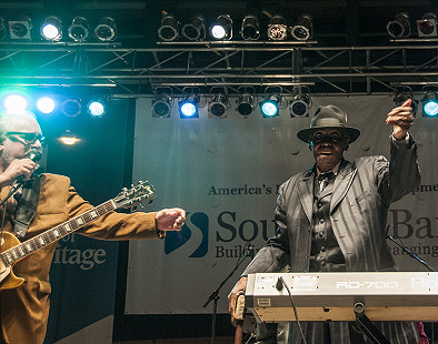 Pinetop Perkins (right) and Bob Margolin finish up a performance on the main stage at the Arkansas Blues and Heritage Festival; 2009 © Eric Gorder 2009; egorder@gmail.com