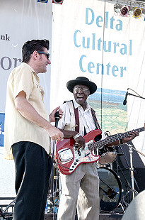 Bob Corritore (left) and Bob Stroger onstage at the Arkansas Blues and Heritage Festival; 2010 © Eric Gorder 2010; egorder@gmail.com