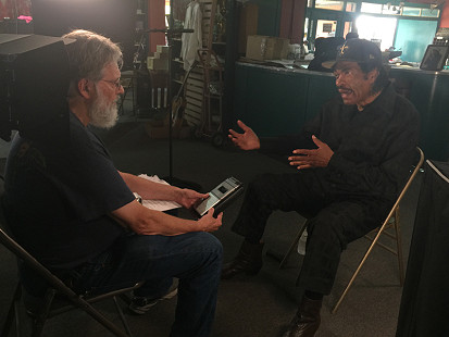 Don Wilcock interviews Bobby Rush at Bubba's Blues Corner during the King Biscuit Blues Festival; Helena, Arkansas, 2016 © Pryor Center for Arkansas Oral and Visual History, University of Arkansas