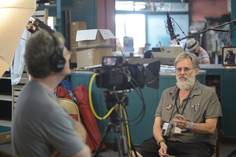 Don Wilcock (right) being interviewed by Scott Lunsford during the King Biscuit Blues Festival; 2015 © Eric Gorder 2015; egorder@gmail.com