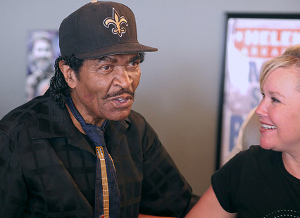 Bobby Rush with a fan at the Bobby Rush Appreciation Day event, which was held at Southbound Pizza during the King Biscuit Blues Festival; Helena, Arkansas, 2016 © Pryor Center for Arkansas Oral and Visual History, University of Arkansas