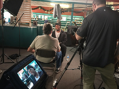 Don Wilcock interviews Chris Pitts at Bubba's Blues Corner during the King Biscuit Blues Festival; Helena, Arkansas, 2015 © Pryor Center for Arkansas Oral and Visual History, University of Arkansas