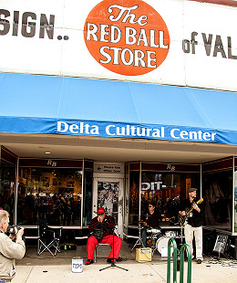 Blind Mississippi Morris performs in front of the Delta Cultural Center on Cherry Street in Helena, Arkansas, during the Arkansas Blues and Heritage Festival; 2009 © Eric Gorder 2009; egorder@gmail.com