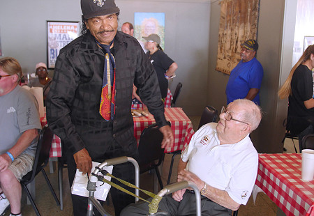 Bobby Rush (left) with Sonny Payne at the Bobby Rush Appreciation Day event, which was held at Southbound Pizza during the King Biscuit Blues Festival; Helena, Arkansas, 2016 © Pryor Center for Arkansas Oral and Visual History, University of Arkansas