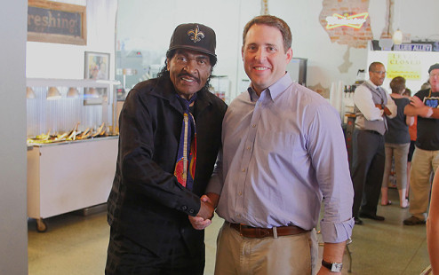  Bobby Rush (left) with Scott Burton at the Bobby Rush Appreciation Day event, which was held at Southbound Pizza during the King Biscuit Blues Festival; Helena, Arkansas, 2016 © Pryor Center for Arkansas Oral and Visual History, University of Arkansas