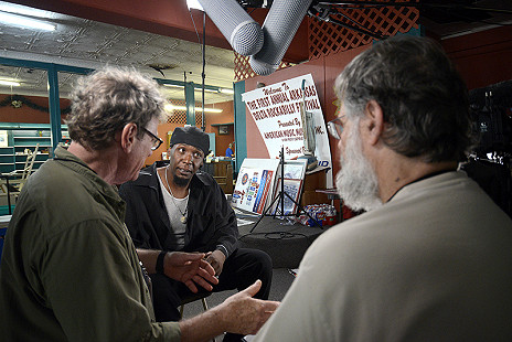 Chris Pitts (center) being interviewed by Scott Lunsford (left) and Don Wilcock during the King Biscuit Blues Festival; 2016 © Eric Gorder 2017; egorder@gmail.com