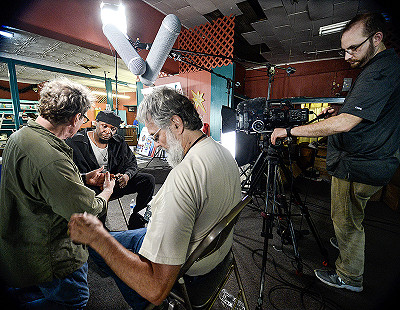 Chris Pitts (2nd from left) being interviewed by Scott Lunsford (left) and Don Wilcock; Josh Colvert on camera; King Biscuit Blues Festival, 2016 © Eric Gorder 2017; egorder@gmail.com