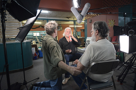 Johnny Sansone (center) being interviewed by Scott Lunsford (left) and Don Wilcock during the King Biscuit Blues Festival; 2016 © Eric Gorder 2017; egorder@gmail.com