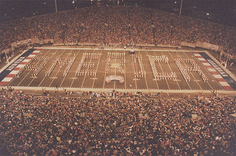 Combined Arkansas and Auburn bands at the Liberty Bowl, <i>Razorback Yearbook</i>, 1984 © Photo courtesy of Razorback Marching Band