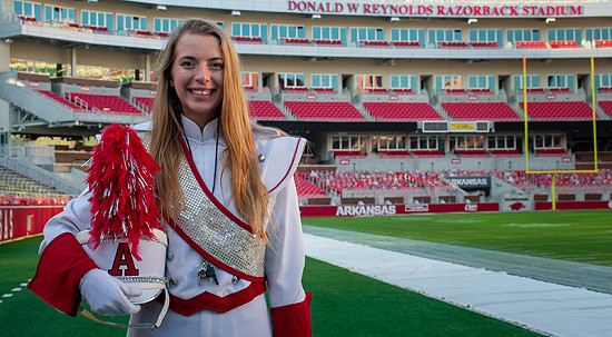 Drum Major Samantha Ellis in Reynolds Razorback Stadium © Photo courtesy of Karen Schwartz