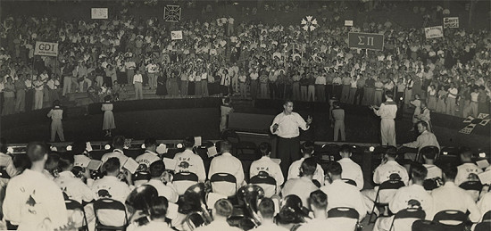 Razorback Band at Pep Rally in Greek Theatre, date unknown © Photo courtesy of Special Collections, University of Arkansas Libraries, Fayetteville