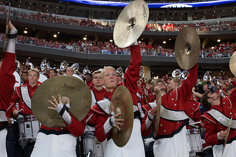 Cymbal players at AT&T Stadium in Arlington, TX © Photo courtesy of Razorback Marching Band