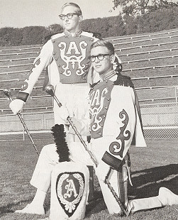 Razorback Band Drum Majors Sandy Porter (standing) and Bill Woolly, <i>Razorback Yearbook</i>, 1966 ©  Photo courtesy of Bill Wooly