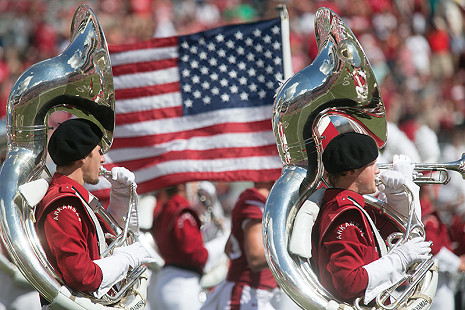 Sousaphones and American flag during pregame © Photo courtesy of Karen Schwartz