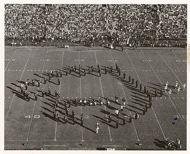 Razorback Band creates Hog logo on the field, Fall, 1956 © Photo courtesy of Special Collections, University of Arkansas Libraries, Fayetteville